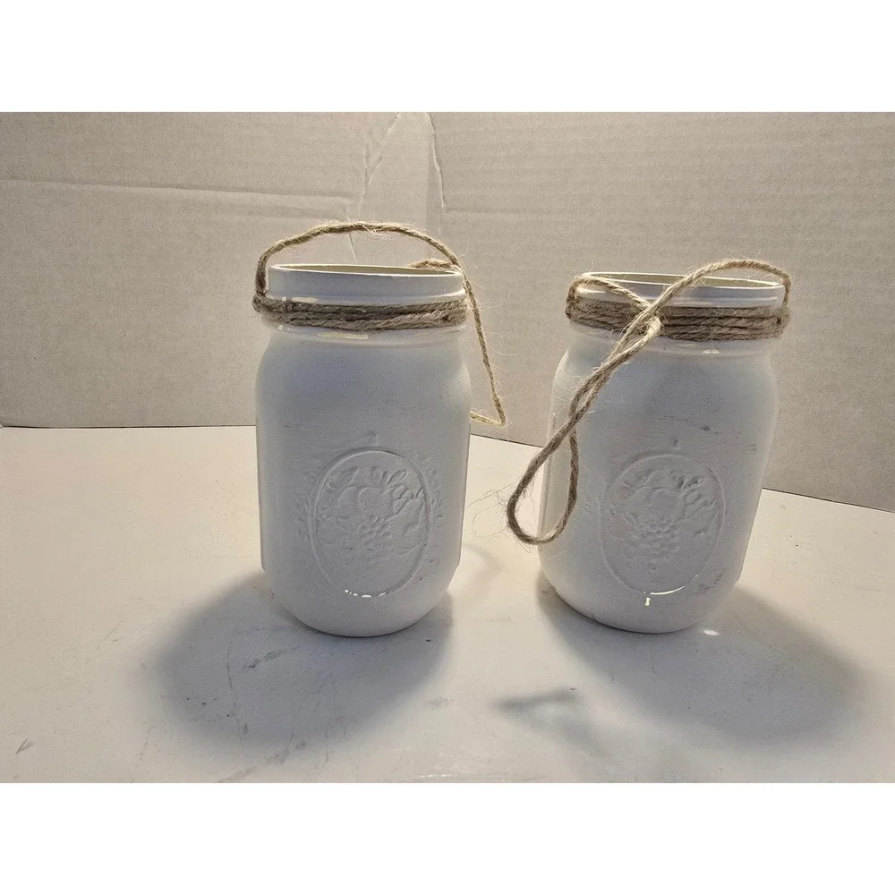 Ball Mason Jars Set of 2 White chalk Painted Distressed Rustic‎ Hanging Decor